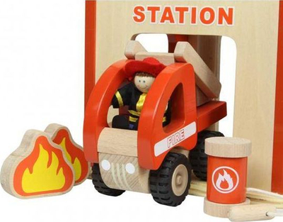 Set lojërash druri Masterkidz Mini Fire Station, figura dhe autozjarrfikëse, kuqe natyrale