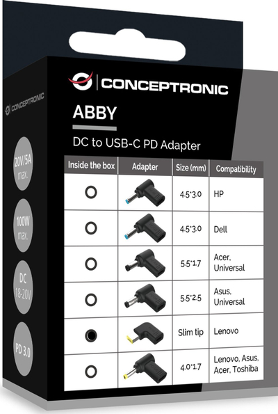 Adapter DC në USB C Conceptronic ABBY15PC05, për Lenovo Slim Tip, 18–20V, i zi