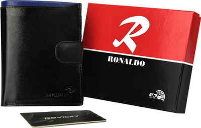 Portofol për meshkuj Ronaldo, lëkurë natyrale, RFID, i zi me insert blu