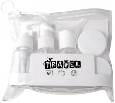 Set udhëtimi për kozmetikë Travel, 7 në 1, shishe 100ml, transparent
