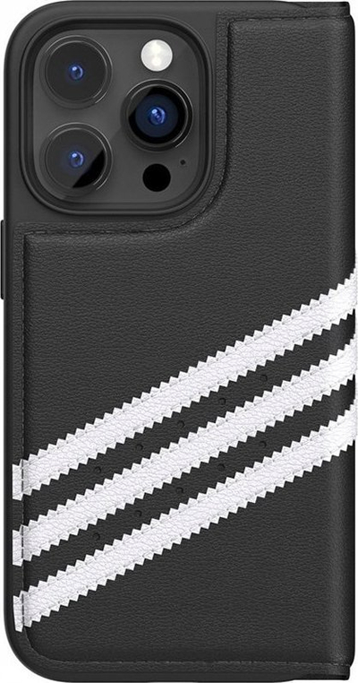 Këllëf booklet Adidas për iPhone 14 Pro, lëkurë PU, me xhep karte, i zi