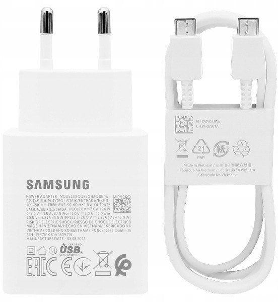 Karikues udhëtimi Samsung 45W me kabllo USB C në USB C, i bardhë