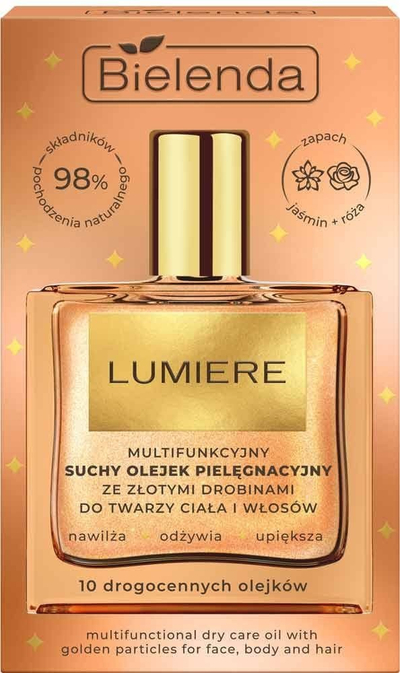 Vaj i thatë multifunksional Bielenda Lumiere, fytyrë trup dhe flokë, grimca ari, 50ml