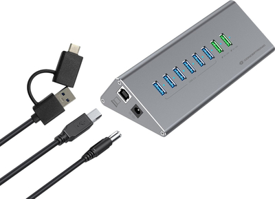 Hub USB Conceptronic HUBBIES18G, 10 në 1, 60W, USB 3.0, gri
