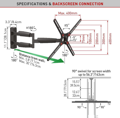 Mbajtëse muri për TV Barkan BM343XL, 13-65\", krah 76 cm, 36 kg, e zezë
