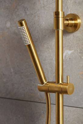 Set dushi KFA Moza Premium, kolonë dushi me termostat, PVD gold i furçuar