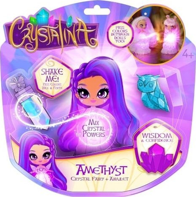 Kukull Crystalina Amethyst, me dritë magjike, me amulet bizhu, shumëngjyrëshe