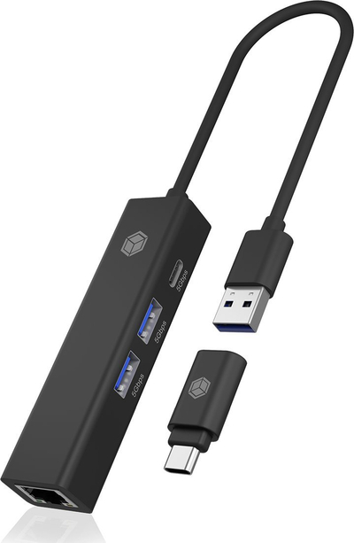 HUB USB Icy Box IB-HUB1439-LAN, 4 në 1, USB 3.2, i zi