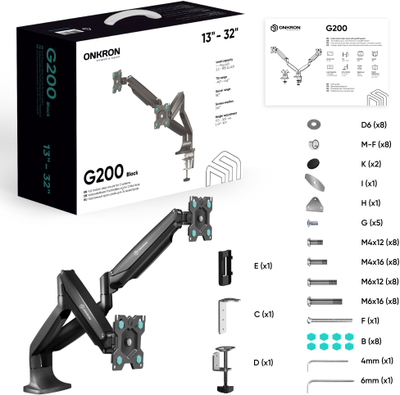Носач за маса за два монитори ONKRON Dual Monitor Arm, 13"-32", 9 kg, црн