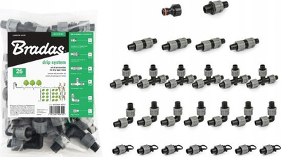 Set aksesorësh për ujitje pikë‑pikë Bradas Drip System, për shirit 16mm, 26 copa, gri