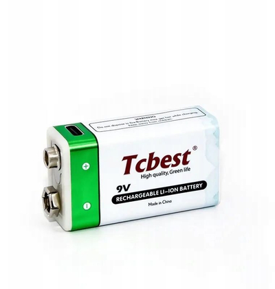 Bateri e rikarikueshme Tcbest 9V Li-ion, 1000mAh, me portë karikimi USB-C, e bardhë me jeshile
