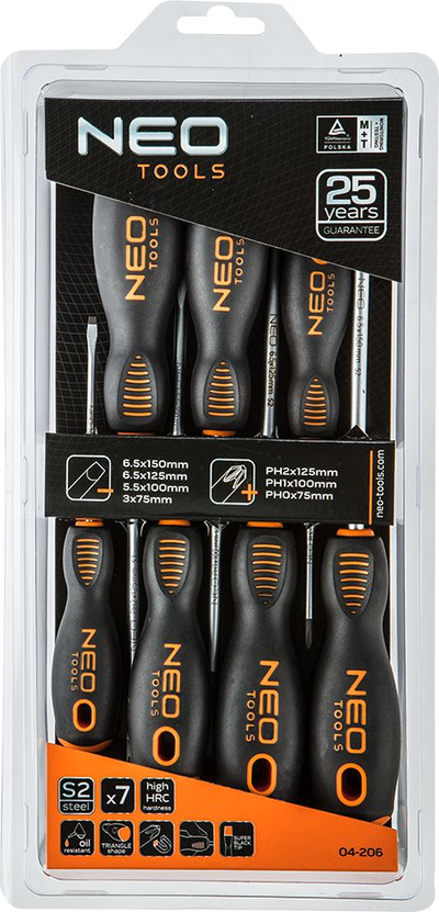 Set kaçavidash Neo 04-206, 7 copë, çelik S2, portokalli