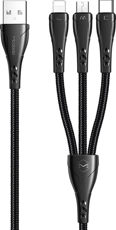 Kabllo karikimi Mcdodo CA-6960 3n1, USB në USB-C Lightning Micro USB, 1.2m, e zezë