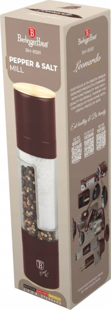 Mulli manual për kripë dhe piper BerlingerHaus 2in1, mekanizëm qeramike, Bordeaux, i kuq