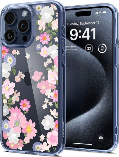 Kapak mbrojtës Spigen Ultra Hybrid Blossom për iPhone 15 Pro, TPU edhe polikarbonat, transparent me lule