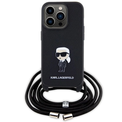 Futrollë Karl Lagerfeld Crossbody Saffiano Monogram për iPhone 15 Pro 6.1", me kordelë, e zezë
