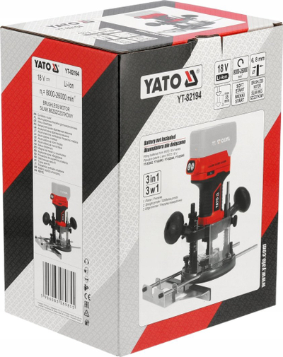 Frezë druri pa kabllo Yato 2 në 1, 18V, motor brushless, e kuqe e zezë