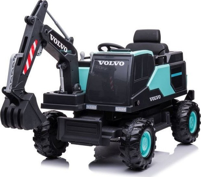 Eskavator elektrik për kalamaj Volvo, me goma të mëdhaja, me krah gërmimi që punon, i zi me jeshile