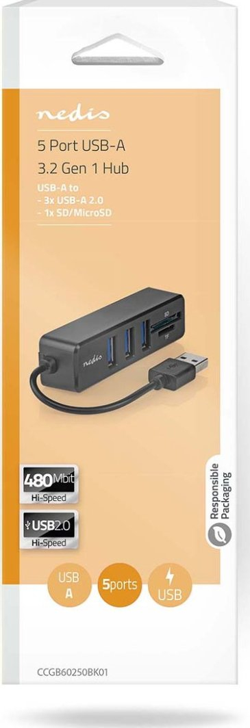 USB разводник Нedis 5 порти, USB 2.0, читач SD MicroSD, црн