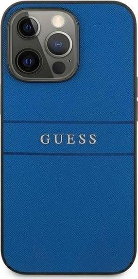 Futrollë telefoni Guess Saffiano Metal Logo Stripes, për iPhone 13 Pro 6.1", TPU dhe lëkurë sintetike, blu