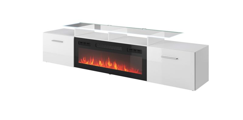 Kabinet TV ROVA me oxhak elektrik, 190 cm, xham, i bardhë
