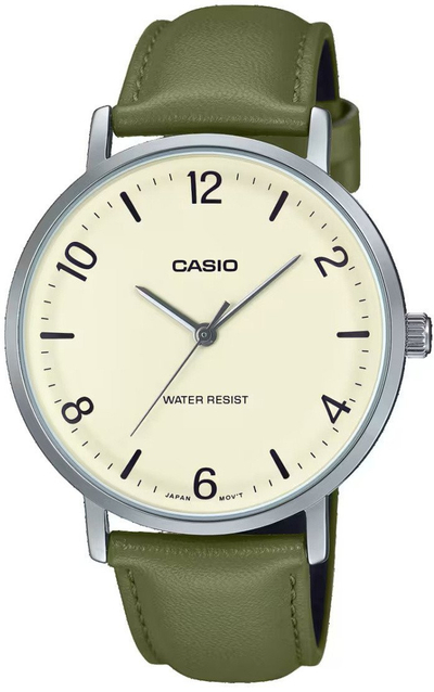 Ora dore Casio MTP-VT03L-7B, analoge quartz, rrip lëkure i gjelbër, display i bardhë