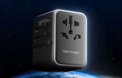 Adapter universal udhëtimi Vention GaN, 4 porta USB C dhe A, 65W, i zi