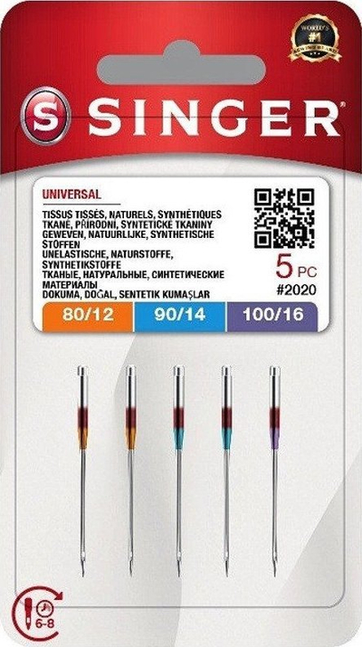 Set gjilpërash qepëse Singer 2020, 5 copë, madhësi 80 12 90 14 100 16, argjendtë