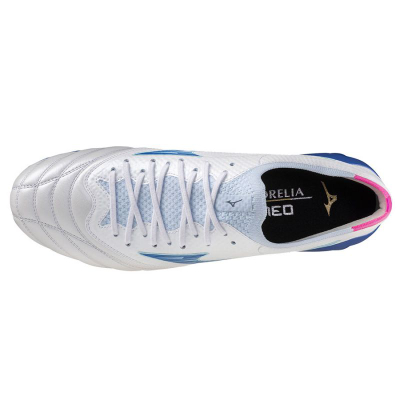 Këpucë futbolli Mizuno Morelia Neo IV Beta Elite FG, për fushë me bar natyral, të bardha me turkeze dhe rozë