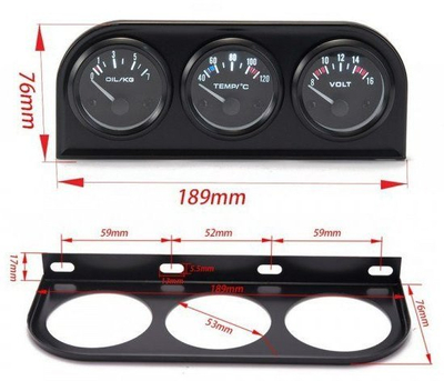 Set treguesash KET 3 në 1, 52mm, voltmetër temperaturë uji presion vaji, VDO look, i zi