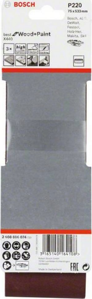 Rrip gërryes Bosch 2608606074, 533 x 75mm, granulë 220, set me 3 copa