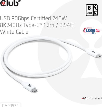 Kabllo USB-C Club3D CAC-1572, Thunderbolt 5, 1.2 m, 80Gbps, 240W, e bardhë
