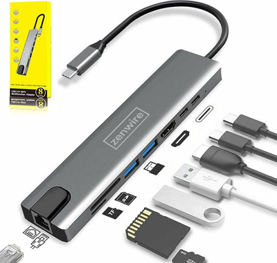 Адаптер HUB 9in1 ZENWIRE USB-C, HDMI 4K, RJ45, сива Space Grey