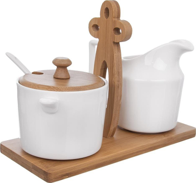 Set për sheqer dhe qumësht, porcelan, me tabaka bambuje, i bardhë