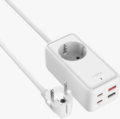 Zgjatës me karikues FIXED Charging Strip S, 65W GaN III PD, 2x USB‑C 2x USB, 1.5m, i bardhë