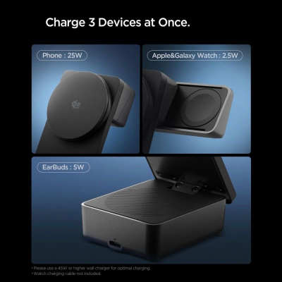 Karikues wireless Spigen MagSafe 3 në 1, 25W, Qi2.2, i zi