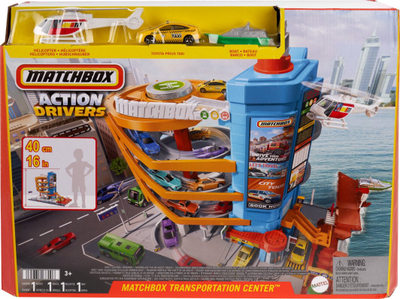 Set lojërash Mattel Matchbox Action Drivers Transport Center, 3 automjete, me parking shumëkatësh, shumëngjyrësh