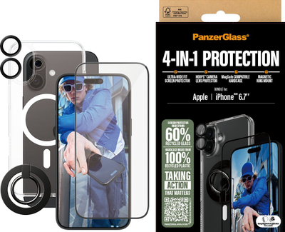 Set mbrojtës PanzerGlass 4 in 1 për iPhone 16 Plus, 6.7", MagSafe, transparent