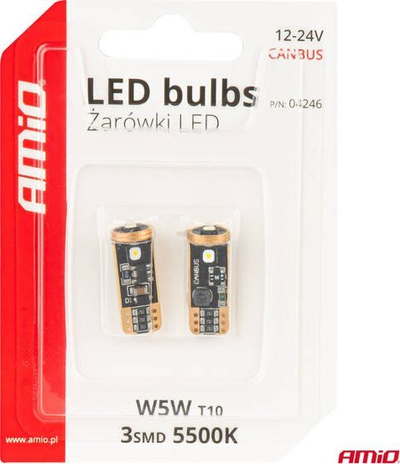 Llamba LED CANBUS AMiO T10 W5W 3SMD, 12V 24V, e bardhë