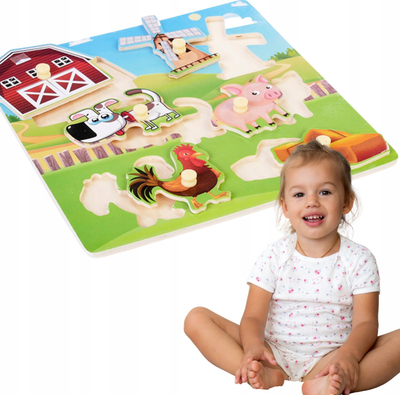 Puzzle druri Artyk Wooden Peg Farm, lojë me dru për kalamajt, 6 pjesë, shumëngjyrësh