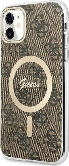 Set aksesorë Guess GUBPN61H4EACSW për iPhone 11, mbrojtëse hardcase 4G Print MagSafe, karikues wireless magnetik, kafe
