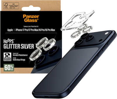 Mbrojtës kamere PanzerGlass Hoops, për iPhone 17 Pro 17 Pro Max 16 Pro 16 Pro Max, Glitter argjendi