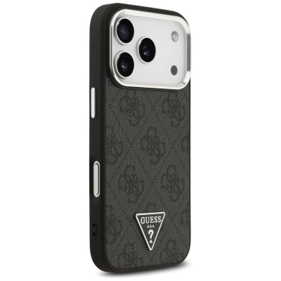 Mbrojtëse telefoni Guess Magsafe 4G PU Leather për iPhone 17 Pro, me kornizë metalike te kamera, e zezë