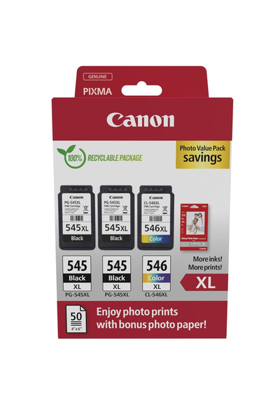 Кертриџи боја Canon PG-545XL CL-546XL, пакет 3 парчиња, XL, со 50 листови фотохартија