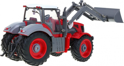 Lodër traktor me telekomandë, 1:28, me eskavator dhe rimorkio, i kuq jeshil
