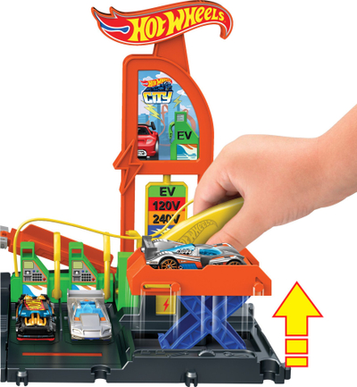 Pistë lodre Hot Wheels City Super Recharge Fuel Station, set lojërash me stacion karikimi EV, për vetura 1:64, shumëngjyrëshe