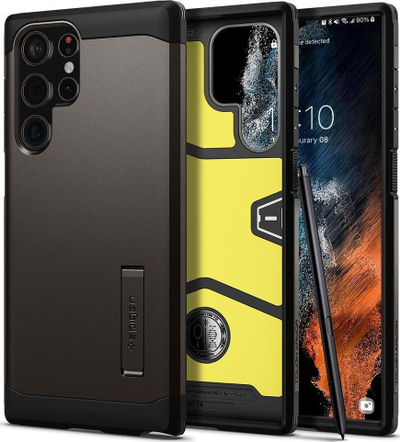 Mbrojtëse telefoni Spigen Tough Armor për Samsung Galaxy S22 Ultra, me këmbëz mbështetëse, që s’ka frikë nga goditjet, gri