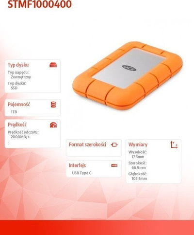 SSD i jashtëm LaCie Rugged Mini 1TB, USB C, silver portokalli