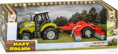 Lodër traktor Daffi Mały Rolnik me rimorkio për lërim, me drita e zë, jeshil me të kuqe
