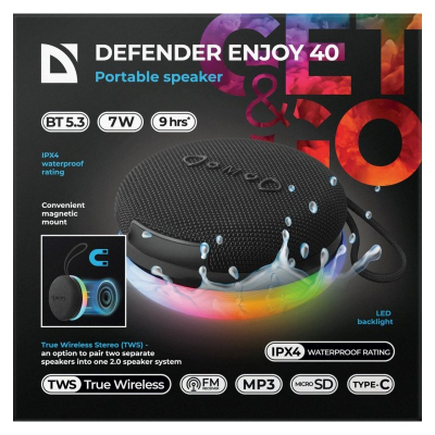 Кутија звучник Defender Enjoy 40 65141, 7W, Bluetooth 5.3, со LED осветлување